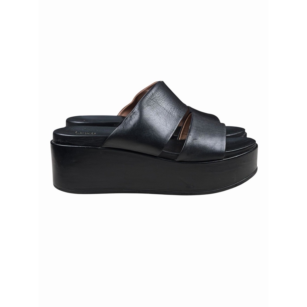 LEWIT Black Leather Slide Wedge Sandals Women's Sz 37.5 Made in Italy